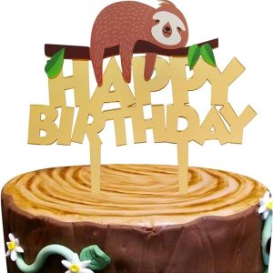 Shiny Gold Sloth Happy Birthday Cake Topper