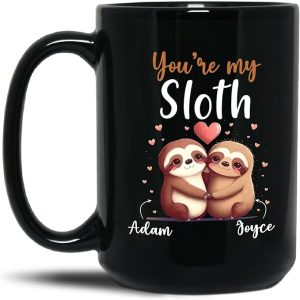 cute hugging sloths black coffee cup