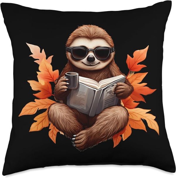 chilling book lover sloth throw pillow