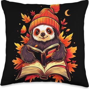 autumn book lover sloth throw pillow