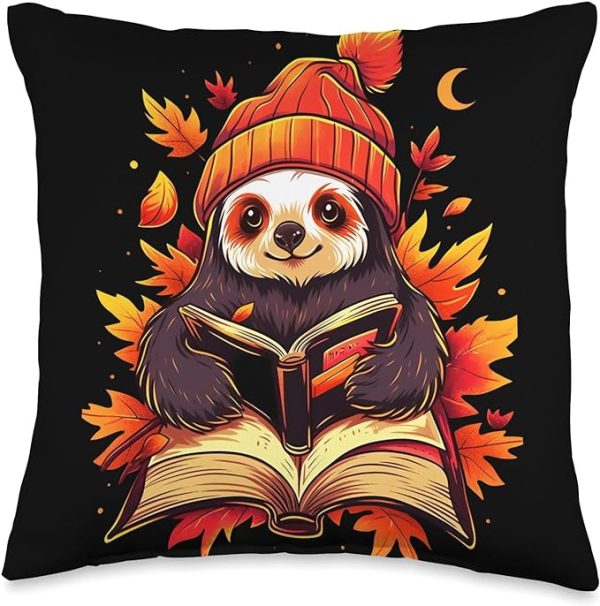 autumn book lover sloth throw pillow