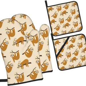 tan sloth oven mitts and pot holders