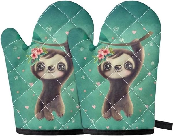 teal green sloth oven mitts