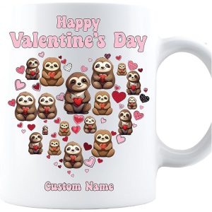 cute little sloths and red hearts on Valentine's Day ceramic coffee mug